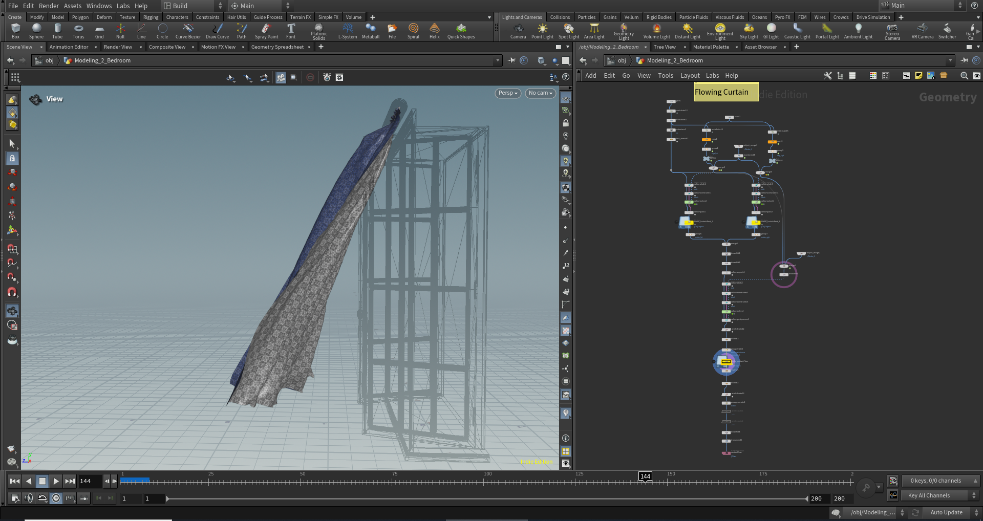 Houdini Setup for flowing curtain with Vellum Simulation